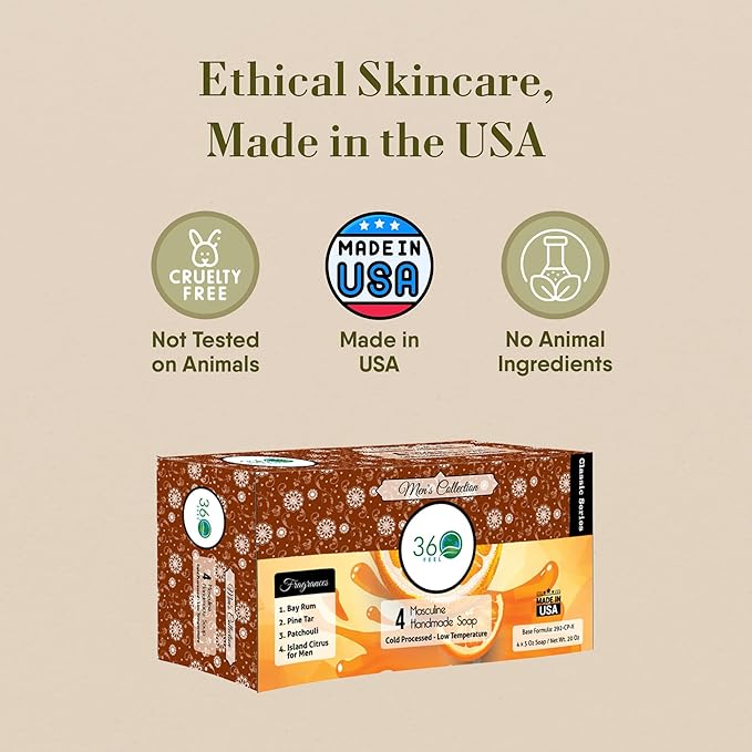 360Feel Mens Bar Soap - Made in the USA - Castile Handmade All Natural Cold Processed - Includes 4 Bold Masculine Scents: Bay Rum, Pine Tar Black Soap bar, Patchouli & Island Citrus (5oz, 4-Pack)