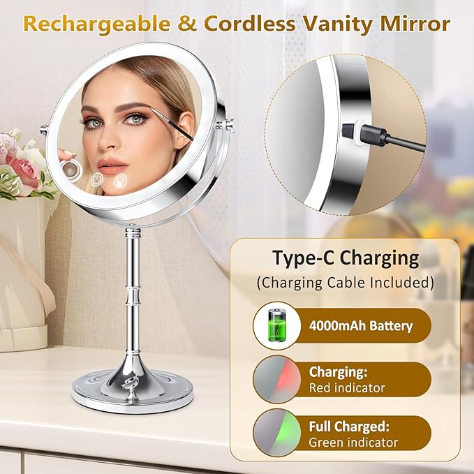 Vanity Mirror with Lights,4000mAh Rechargeable Double Sided Magnifying Mirror with 3 Colors Adjustable,1x/10x Lighted Makeup Mirror,360°Rotation Touch Screen with Memory Function,Women Gift