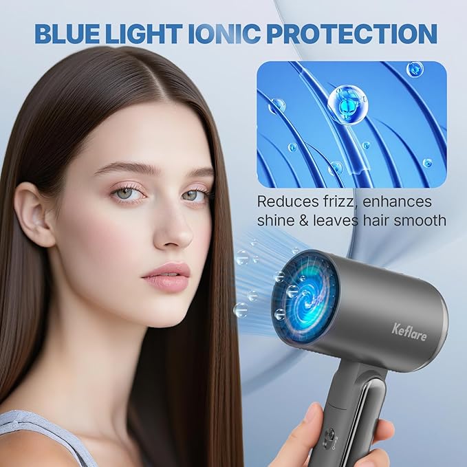 Hair Dryer 1800W Ionic Fast-Drying with Diffuser & Concentrator Nozzle for Curly Hair, Mini Blow Dryer with Compact Design, Foldable, Lightweight, Portable for Home & Travel