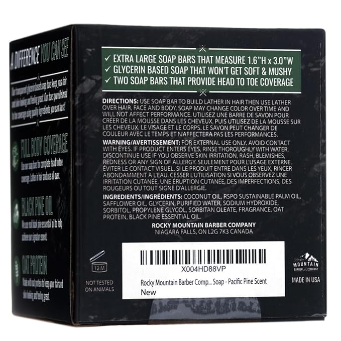 Men’s All-in-One Shampoo & Body Soap Bars – Extra Thick 1.6” Glycerin Hair & Body Soap - 2 Soap Bars - Pacific Pine Scent - with Oat Protein & Black Pine Essential Oil - Made in USA - 14.5 oz