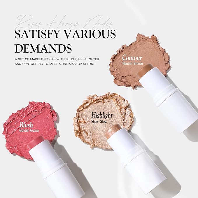 3 PCS Makeup Cream Contour Stick Set, Highlighter Stick & Bronzer Stick & Blush Stick, Long Lasting, Natural Face Contour, Dewy & Matte Finish, Multi Stick Trio for All Skin