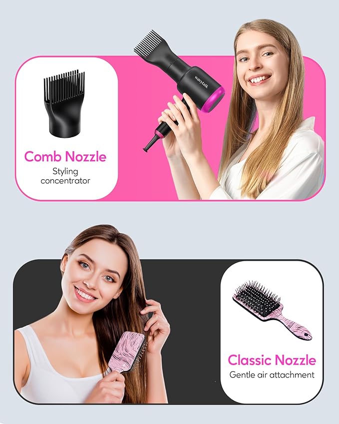 Wavytalk Hair Dryer with Diffuser, Blown Away Ionic Hair Dryer with 4 Attachments for All Hair Types, 1875W Blow Dryer with Ceramic Technology, Gift Packaging, Light and Quiet, Black