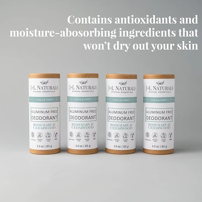 J&L Naturals Aluminum Free Deodorant for Men & Women | 100% Natural Ingredients With Coconut Oil, Shea Butter, & Essential Oils | Sustainable, Eco-Friendly (Rosemary & Cedarwood, 3.0 Oz (Pack of 4))