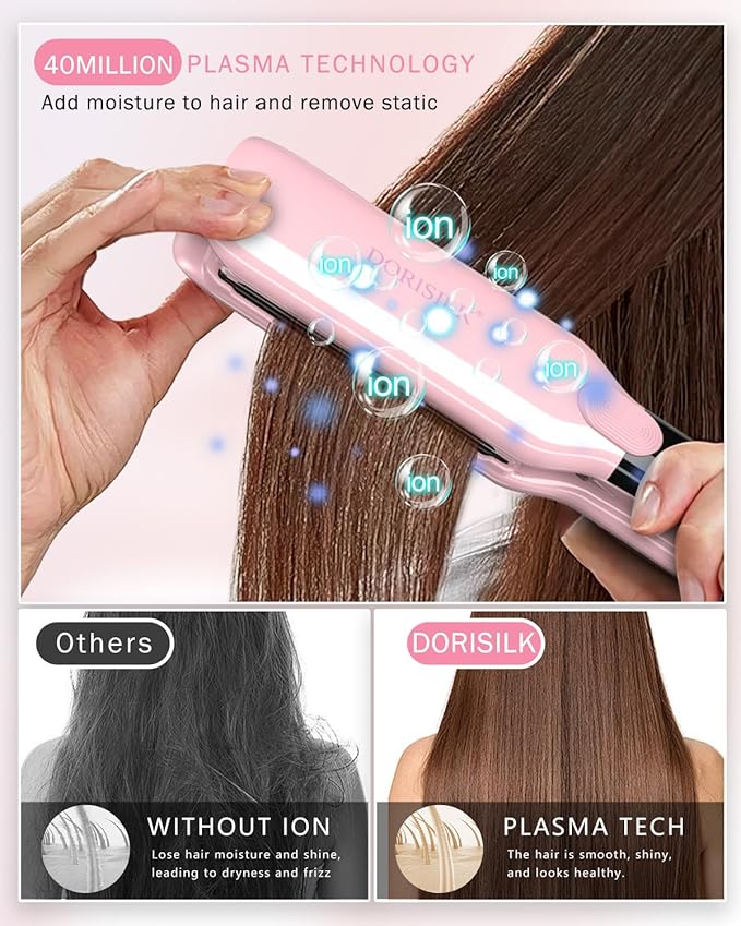DORISILK 500 Degree High Temp Professional Hair Straightenr ， Ceramic Wide Flat Iron ，2 in 1 Hair Straightener and Curler，Plasma Flat Iron Straightener Get Frizz-Free and Shiny (Pink)