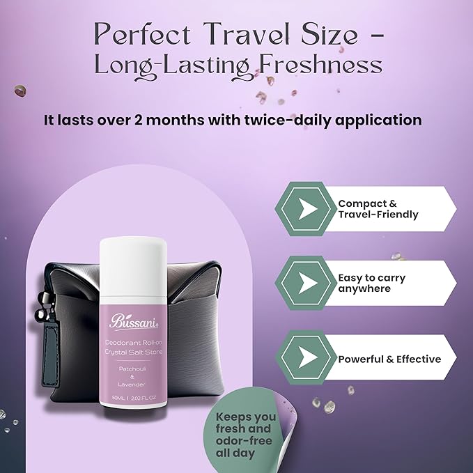 Bussani Crystal Salt Stone Deodorant Roll-On for Women | Perfect for Sensitive Skin | Won’t Stain Clothes | Ideal for Active Women | Long-Lasting & Gentle Protection | No Harmful Chemicals
