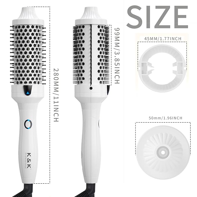 K&K Thermal Brush, White 1.77 Inch Heated Round Brush, Professional Heated Curling Ceramic Tourmaline Ionic Curling Iron, Hot Styling Volumizing Comb, Dual Voltage
