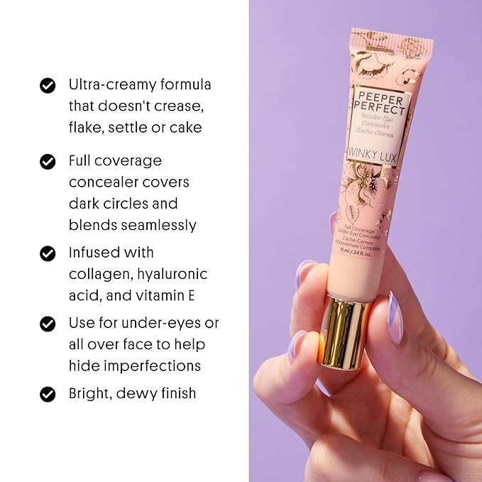 Winky Lux Peeper Perfect Under Eye Concealer, Makeup & Eye Brightener, Full Coverage Concealer for Dark Circles, Color Corrector & Eye Primer, With Collagen, Hyaluronic Acid & Vitamin E (Rich)