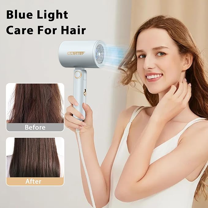Portable Hair Blow Dryer with Nozzle, Strong Power and Double Blue Light, Making Hair Dry Fast and Comfortable Unconsciously, Suitable for Home, Travel, Salon (Blue)