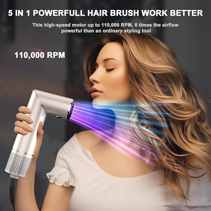 5 in 1 Blow Dryer Brush & Hot Air Styler–110,000 RPM High-Speed Hair Dryer with Auto Wrap Curlers & Ionic Technology, Hot Air Brush Wrap Fast Drying, Curling/Volumizing/Straightening - Gold