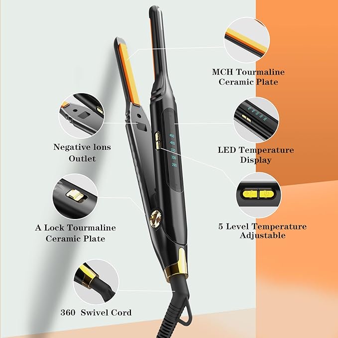 Pencil Flat Iron 3/10'' Small Flat Irons for Short Hair,Pixie Cut & Bangs,Mini Hair Straightener for Edge with LED Display,Travel Tiny Hair Straightener with Dual Voltage,Auto Shut Off（Orange）