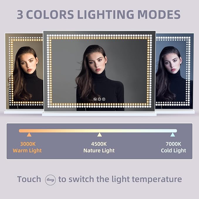 Misavanity Vanity Mirror with Lights Dots 32x23 Inchs Makeup Mirror with LED Lights Tempered Glass Touch Screen Control Dimmable 3 Colors Modes USB Charging Port 10X Magnification, White