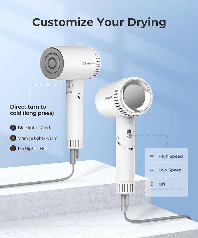 Hair Dryer, 100,000 RPM High-Speed Blow Dryers for Women & Men, Fast-Drying, 500 Million Negative Ions, Heat-Control, Low-Noise with Diffuser & Nozzle, Compact Foldable for Home Travel Use