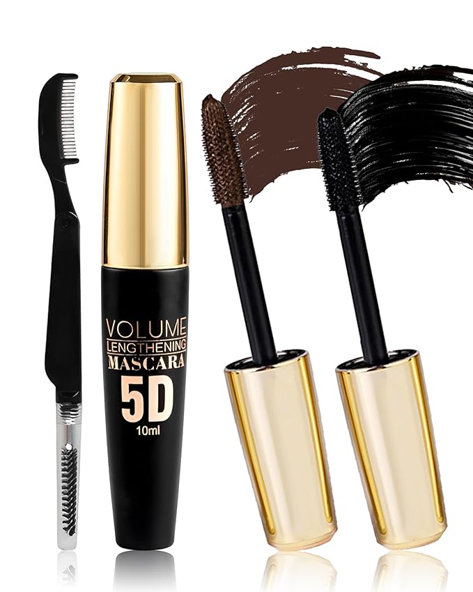 2 Pcs Black Brown Waterproof Mascara, 5D Silk Fiber Lashes Extension Colored Tube Mascaras with Eyelash Brush, Long Lasting Curling Mascara Volume and Length, Eye Makeup Gift for Women