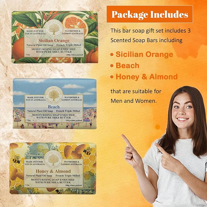 Wavertree & London Trio Gift Box (3 Bars) - 7oz Honey & Almond, Beach and Sicilian Orange Scented Moisturizing Triple Milled Natural Soap Bars - Pure Plant Oil Soap Bars for All Skin Types