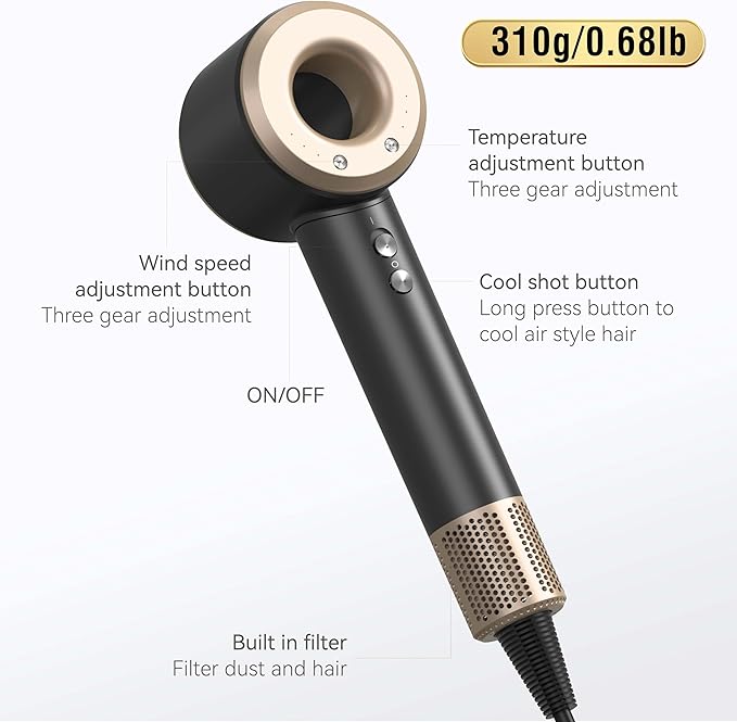 Diffuser Hair Dryer, Secador de pelo Profesiona, Lescolton Ionic Blow Dryer with High Speed 110, 000 RPM Brushless Motor for Fast Drying, Intelligent Thermo-Control Hair Dryer with 4 Attachments (097)