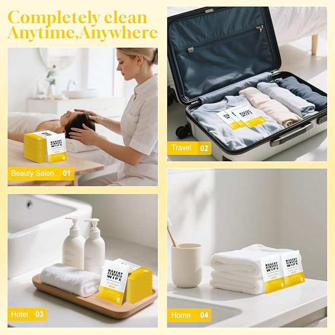 Pack of 200 Makeup Remover Wipes Individually Wrapped,Chamomile Scent,Face Cleansing Wipes Bulk, Travel Towelette Makeup Remover Cloth for Face Cleansing Skin Care Remove Makeup