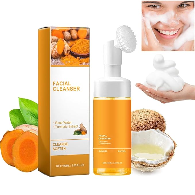 Turmeric Facial Cleanser With Brush, Deep Cleansing Glow Exfoliate Foaming Face Wash, For Women Men's All Skin.-2Pcs
