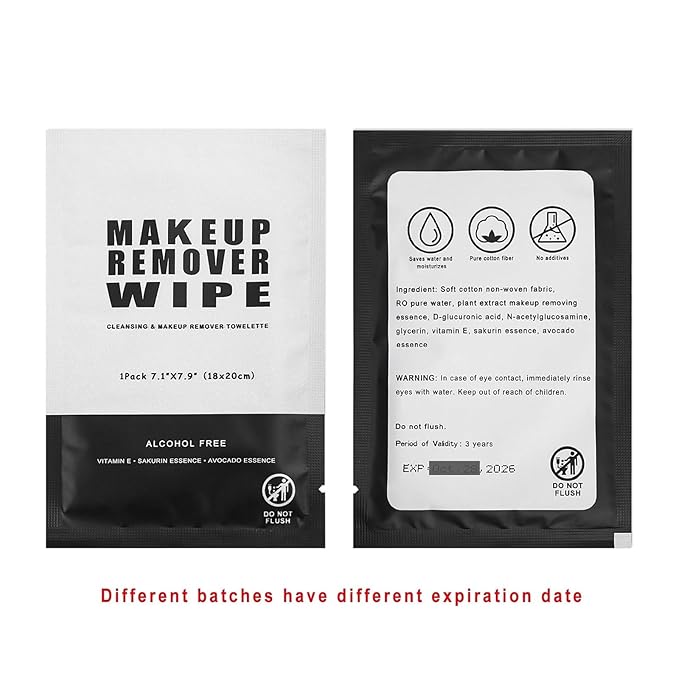 200 Count Makeup Remover Wipes Bulk Individually Wrapped Face Cleansing Wipes,Travel Towelette Makeup Remover Cloth for Face Cleansing Skin Care Remove Makeup(Black)