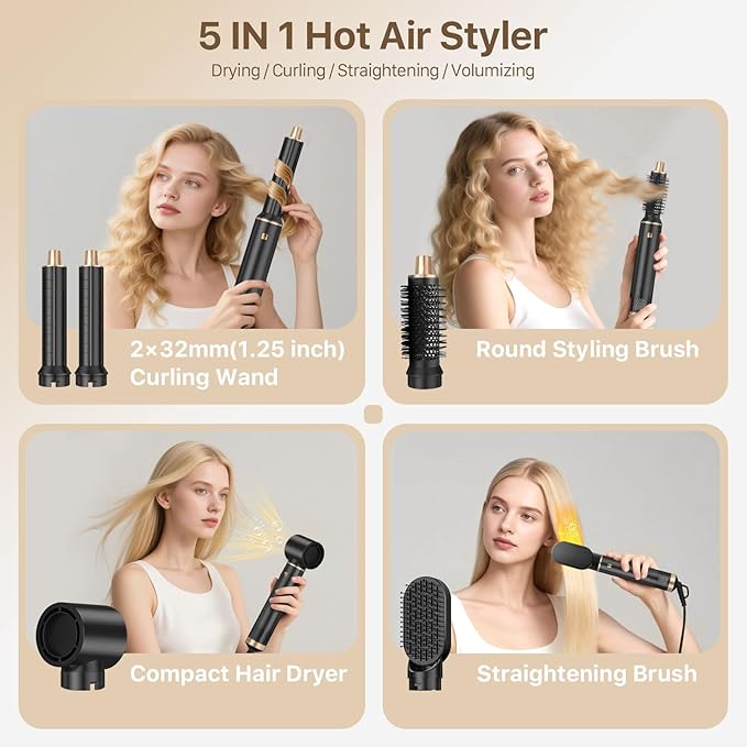 Sendowtek Hot Air Styler Brush Set for Women 5 in 1, 800W 3 Level Temp Hairdryer Comb for Rotating Curling Straightening Volumize Auto Wrap Curler Multi-Styler Hair Styling Tools for Multi Hair Home