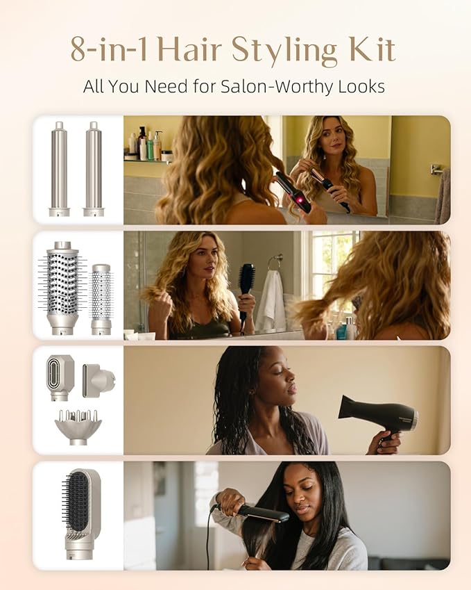 RUCHA 8-in-1 Foldable Hot Air Styler, 110,000 RPM High Speed Hair Nora Styler, Air Curler for Hair, Negative Ion Hot Air Bursh for Frizz-Free Styling Fast Drying Curling Straightening Volumizing