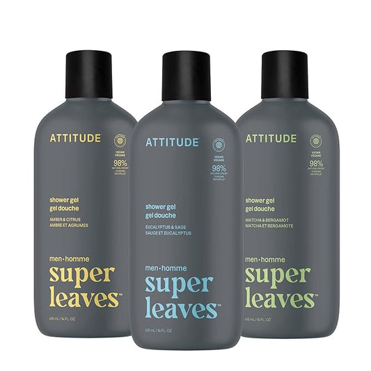 ATTITUDE Shower Gel Trio for Men, EWG Verified Body Wash with Natural Origin Ingredients, Paraben & Phthalate Free, 3 Bottles of 14 Fl Oz