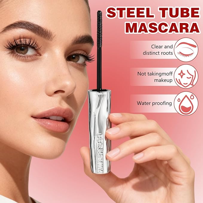 2Pcs Iron Wand Mascara, 2025 Upgraded Waterproof Metal Wand Mascara Tubing, Long-lasting 3D Curling Eyelash, Smudge Proof & No Flaking (Black)