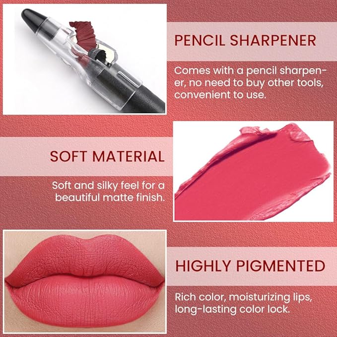 Peach Pink Crayon Matte Lipstick Lip Liner Pencil, Moisture Smooth Lipstick Penil, With Pencil Sharpener Sharpenable Lip Pen Ultimate Lip Crayon for Women Easy to Apply Waterproof 13#