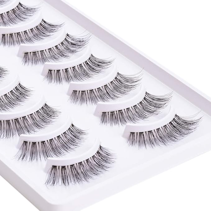 EMEDA False Eyelashes Natural Lashes Wispy 0.01mm Ultra Thin Band 12mm Pestañas Postizas Naturales Cat Eye 10 Pairs Invisible Clear Band 3D Demi Wispies Short Fake Eye Lashes Strips Handmade (005)