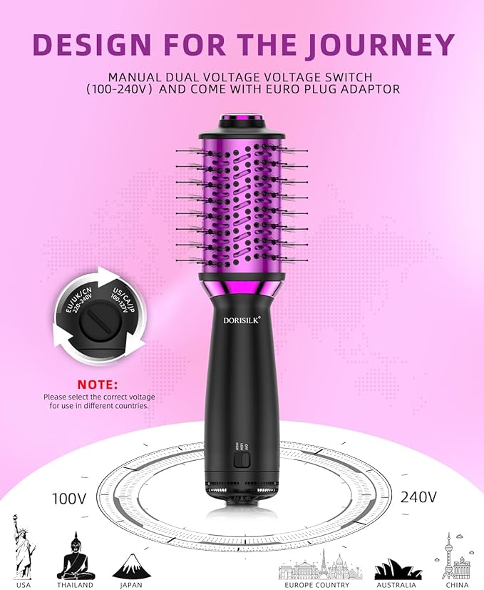 DORISILK Small Dual Voltage Blow Dryer Brush for Travel,4 in 1 Blow Dryer Brush for Drying Straightening Curling Volumizing，Travel Hot Air Styler with European Plug，2 Inch Oval Barrel