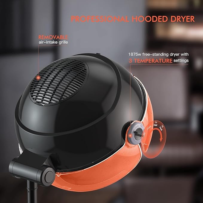 TASALON Ionic Hooded Hair Dryer. 1875W Height Adjustable Hooded Dryer with 3 Temprature Settings. Professional Hair Dryer for Salon, Hairestylist and Home. Orange