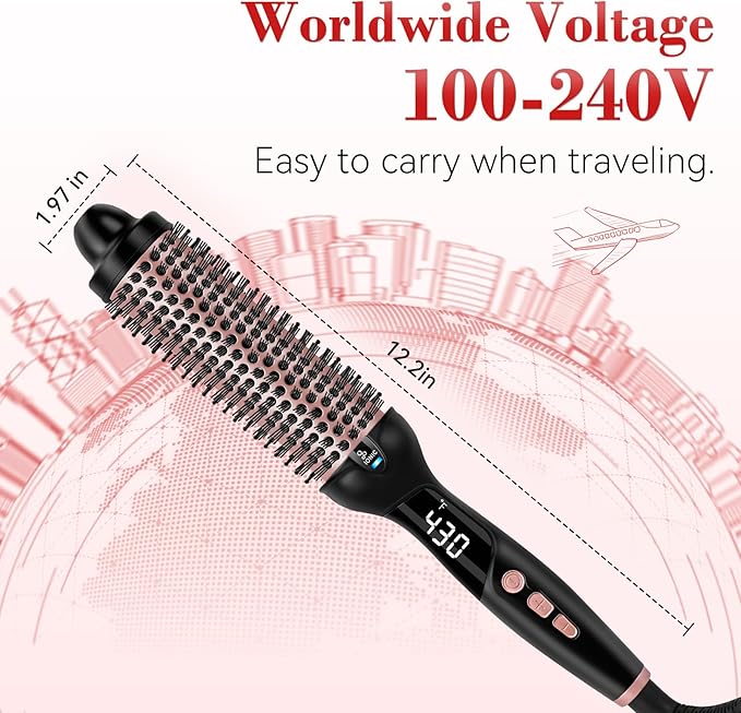 Ufree Ionic Thermal Brush, 1.5 Inch Heated Round Brush for Blowout, 30s Fast Heating Curling Brushes with 9 Temp Settings, Dual Voltage Travel Hair Styling Tool, Not Blow Dryer