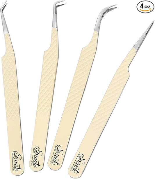 SIVOTE Fiber Tips Lash Tweezers for Eyelash Extensions, Set of 4, Curved, Dolphin, 90 Degree & 45 Degree Tweezer, Vanilla
