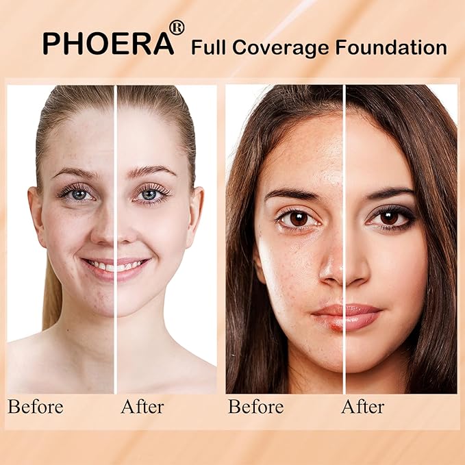 PHOERA Foundation, PHOERA Matte Liquid Foundation,PHOERA Makeup for Women, PHOERA Foundation Full Coverage Concealer, 30ml 24HR Matte Oil Control Concealer (104+105/Buff Beige+ Sand)