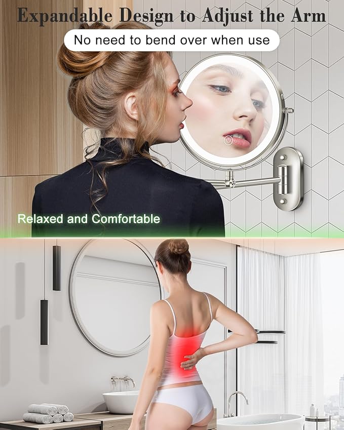 30X/1X Wall Mounted Lighted Makeup Mirror, 9'' Height Adjustable Double Sided 5000mAh Rechargeable Magnifying Bathroom Mirror with Light, 3 Color Modes Touch Dimmable Extended Arm 360 Rotation