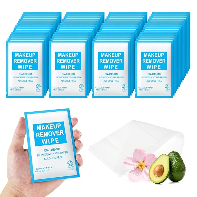 Makeup Remover Wipes Individually Wrapped Pack of 50,Avocado Scent 7x7.9 inch Blue Travel Size Facial Cleansing Wipes Towelette for Face Cleansing,Skin Care,Hotel,Camping,Gym,Office