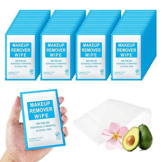 Makeup Remover Wipes Individually Wrapped Pack of 50,Avocado Scent 7x7.9 inch Blue Travel Size Facial Cleansing Wipes Towelette for Face Cleansing,Skin Care,Hotel,Camping,Gym,Office