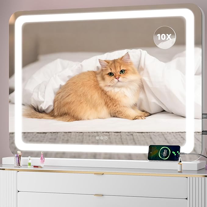 Vanity Mirror with Lights, 40" x 29" LED Makeup Mirror with 10X Magnification, Dimmable 3 Modes, Memory Function, Smart Touch, USB Charging Port, Lighted Makeup Mirror Round White