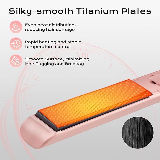 Titanium Flat Iron Travel Hair Straightener and Curler 2 in 1 with Quick Fast Heating, 1 Inch Professional Straightening Iron, 5 Temp Settings for All Hair Types, Dual Voltage & Auto-Shut Off(Pink)