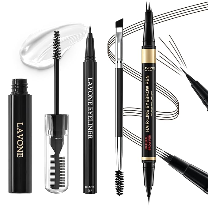 Eyebrow Pen Kit, with Microblading Eyebrow Pen, Eyebrow Gel, Eyeliner, Eyebrow Brush, Eyebrow Pencils for Women, Waterproof, Smudge Proof, Long Lasting Makeup Formula - Ebony