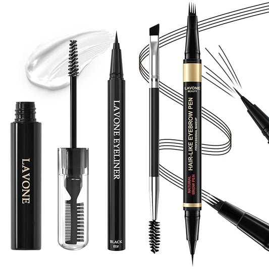 Eyebrow Pen Kit, with Microblading Eyebrow Pen, Eyebrow Gel, Eyeliner, Eyebrow Brush, Eyebrow Pencils for Women, Waterproof, Smudge Proof, Long Lasting Makeup Formula - Ebony