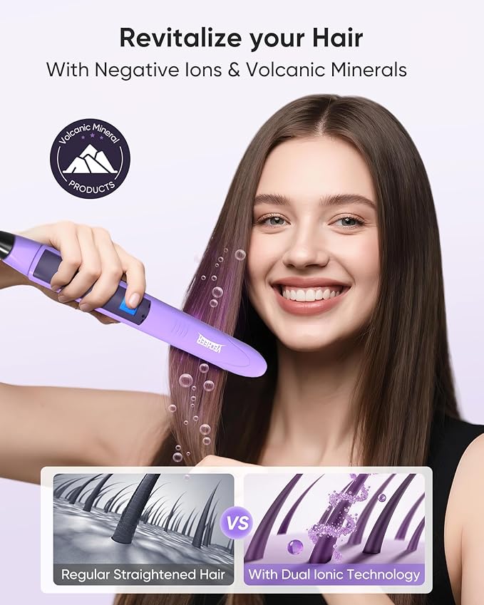 1" Ceramic Flat Iron with Sonic Vibrating for Less Damage, Dual Voltage Travel Hair Straightener for Women - Ionic & Volcanic Mineral Technology, Straightener and Curler, 10 Heat Settings