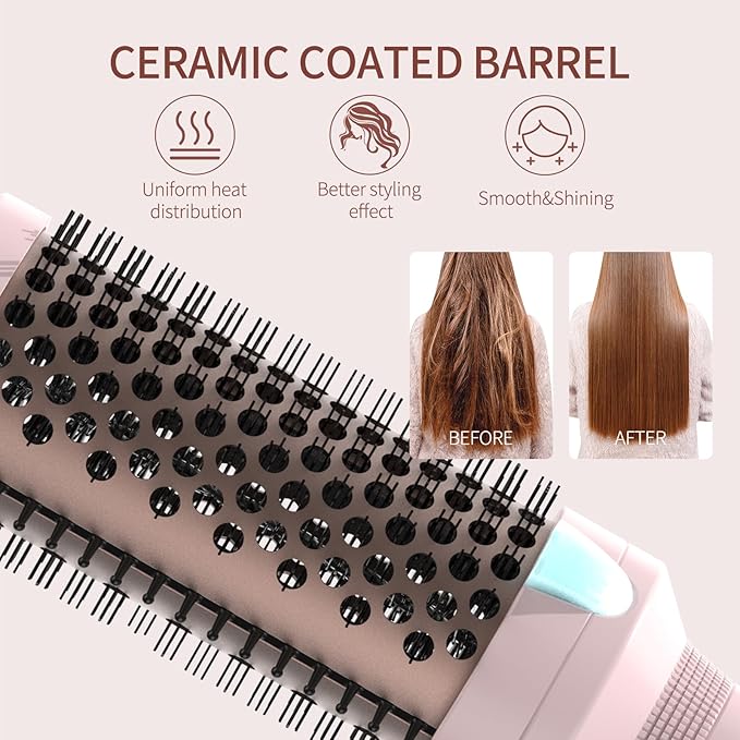 K&K 1 1/2 Inch Ceramic Tourmaline Ionic Heated Round Brush Curling Brush Creates Blowout Look -Creates Root Volume & Loose Curls Volume Curls Dual Voltage Hair Styling Tool (Pink, 1.7 Inch)