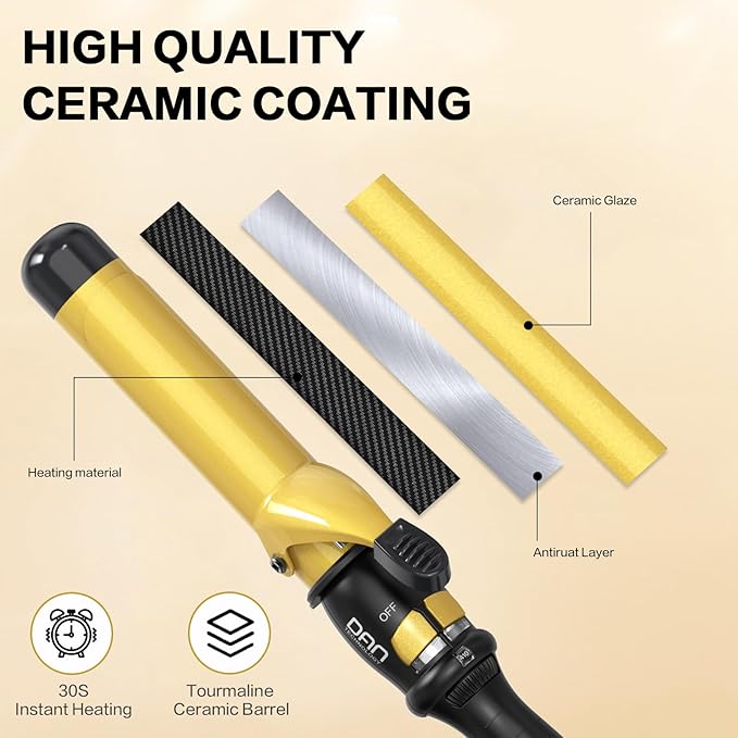 DAN Technology 1¼ Inch Large Barrel Curling Iron Wand for Loose Voluminous Waves, Tourmaline Ceramic Hair Curler with 180°F–430°F Adjustable Temperature, Fast Heating, Dual Voltage, Auto Shut-Off