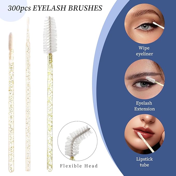 300 PCS Eyelash Extension Supplies Kit, Disposable Micro Swab Brush, Eyebrow Spoolie, Lip Brush, Mascara Wand Applicator (Crystal gold handle white kits)