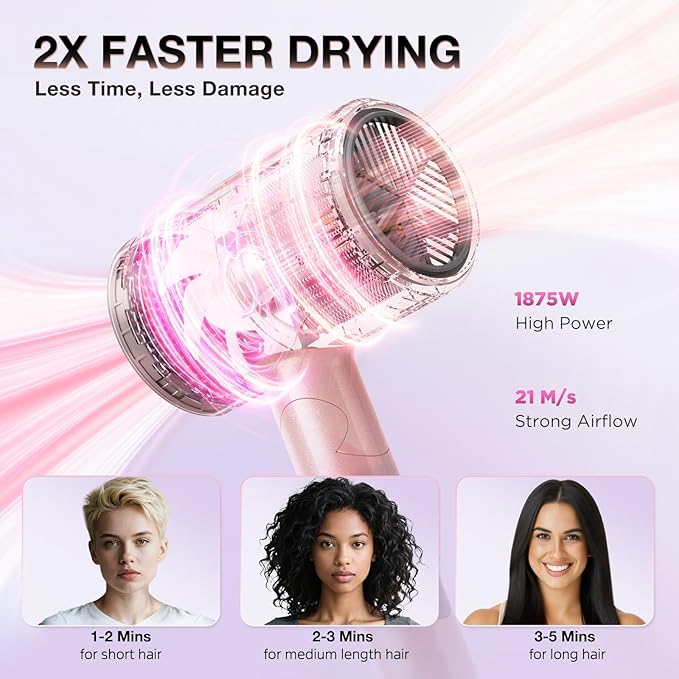 Ionic Diffuser Hair Dryer for Curly Hair, 1875W Fast Drying Blow Dryer with Diffuser and Concentrator Nozzle, Compact & Portable Negative Ion Hairdryer Blowdryer, 3 Heat 2 Speed Settings, Pink