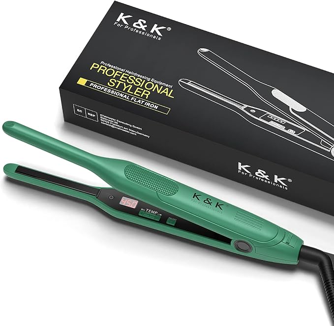 K&K 3/10 inch Plate Small Mini Ceramic Flat Iron Nano Tourmaline Flat Irons for Short Hair Pixie Cut Pencil Straightener for Women Dual Votage