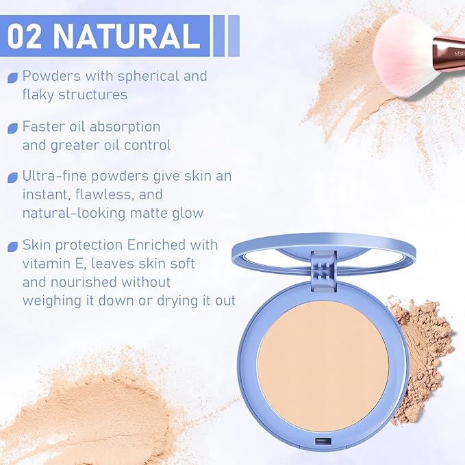 Oil Control Face Pressed Powder,Matte Smooth Flawless Setting Powder Makeup,Waterproof Long Lasting Finishing Powder,Cruelty Free Lightweight Face Cosmetics (02# NATURAL BEIGE)