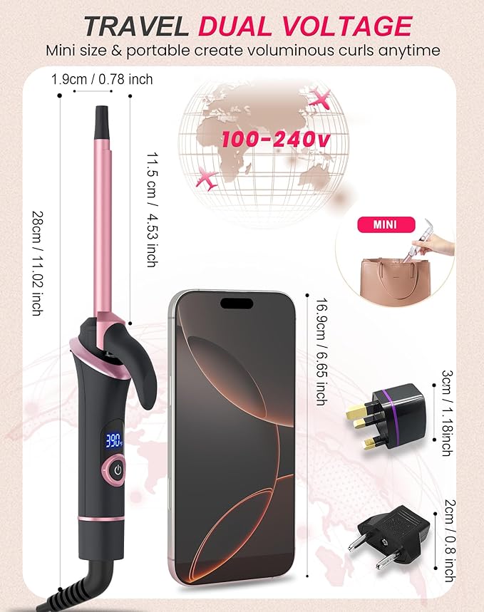 Mini Curling Iron for Short Hair Dual Voltage with European UK Plug Adapter Ceramic Travel Small Curling Iron 3/8 Inch Barrel Curler with Professional 30S Fast Heating, 5 Temps for Global Travel