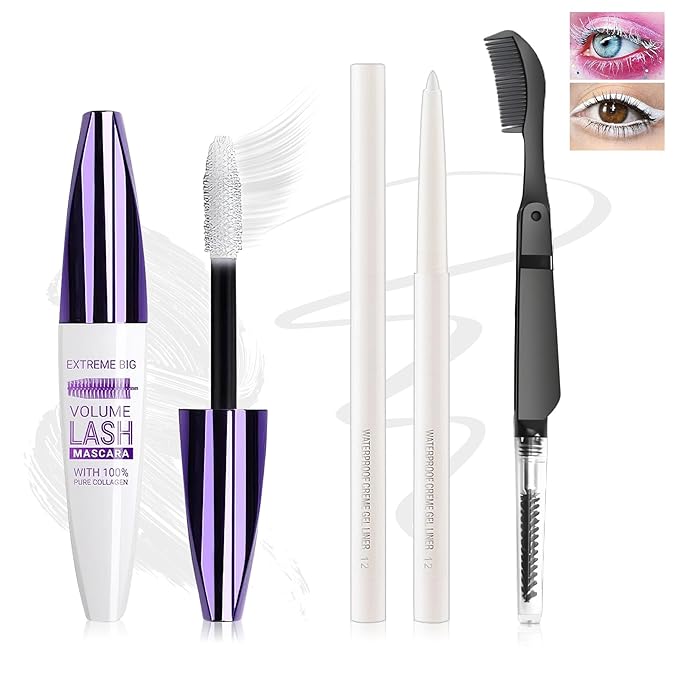 White Mascara and Eyeliner Set,5D Colored Mascara Volume and Length Waterproof,Natural Curling rimel de pestañas,Suitable for Women Eye Makeup