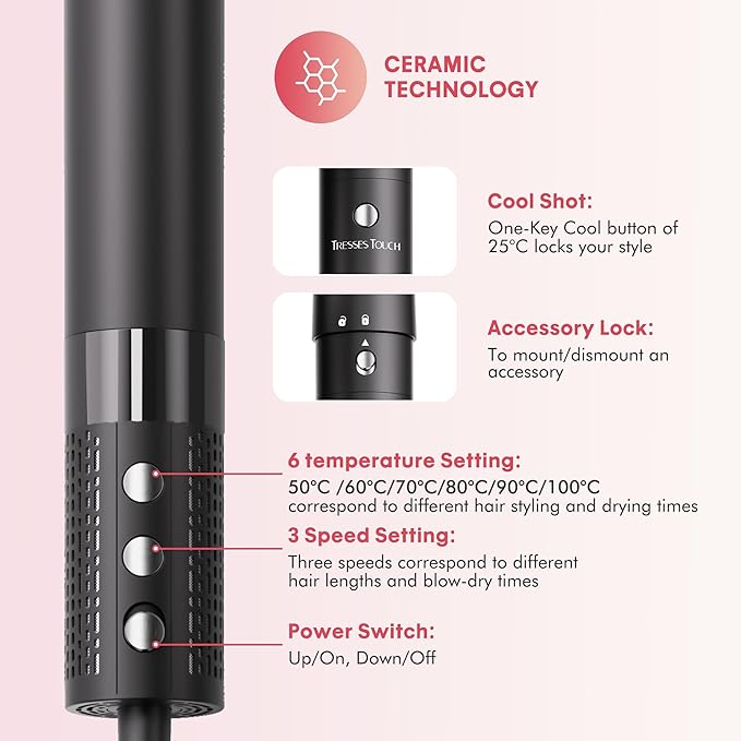6 in 1 Blow Dryer Brush Set, Powerful Hair Dryer Brush with Auto-Winding Curl L/R, Fast Drying, Smooth Blowouts, Root-Lift Volume, No Heat Damage Frizz-Free Thermal Brush, Hot Air Styler for Travel